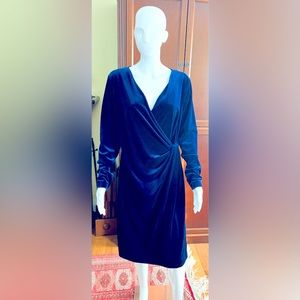 Stunning cobalt blue silky velvet Dress just at knee Deep V Neck & Drapes US L